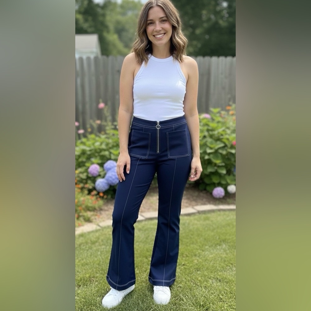 Polly blue flared pants, center zipper, size 8